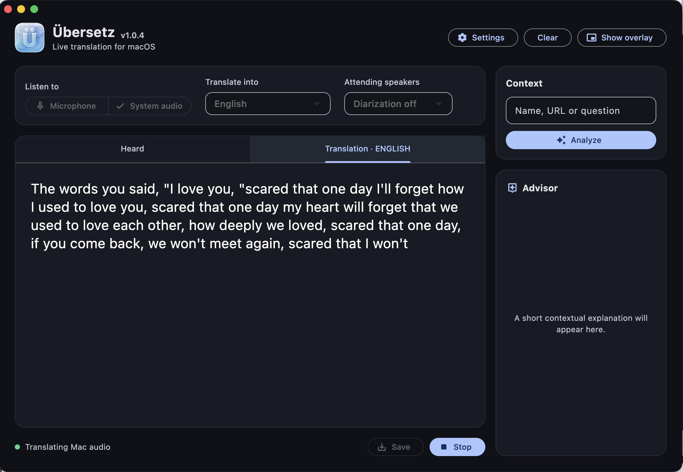 Übersetz translating a video conversation on macOS