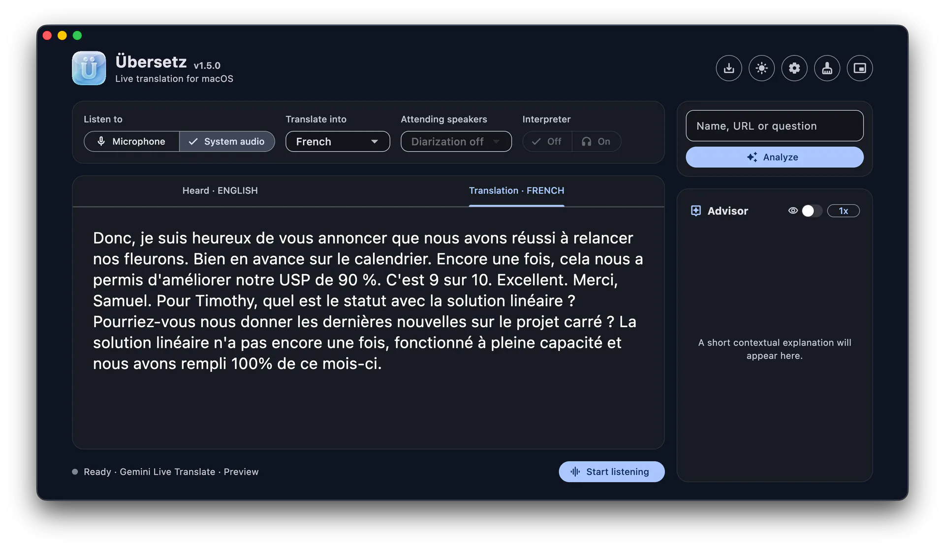 Übersetz Translation view showing translated speech