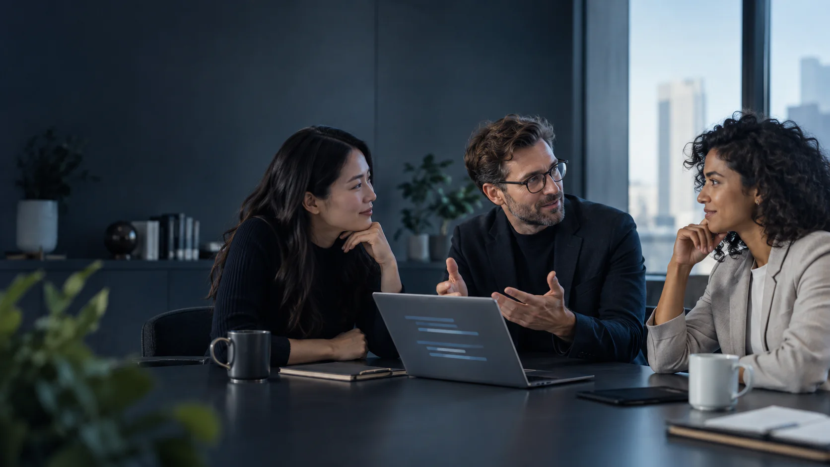 Three professionals using a laptop as they hold a multilingual conversation