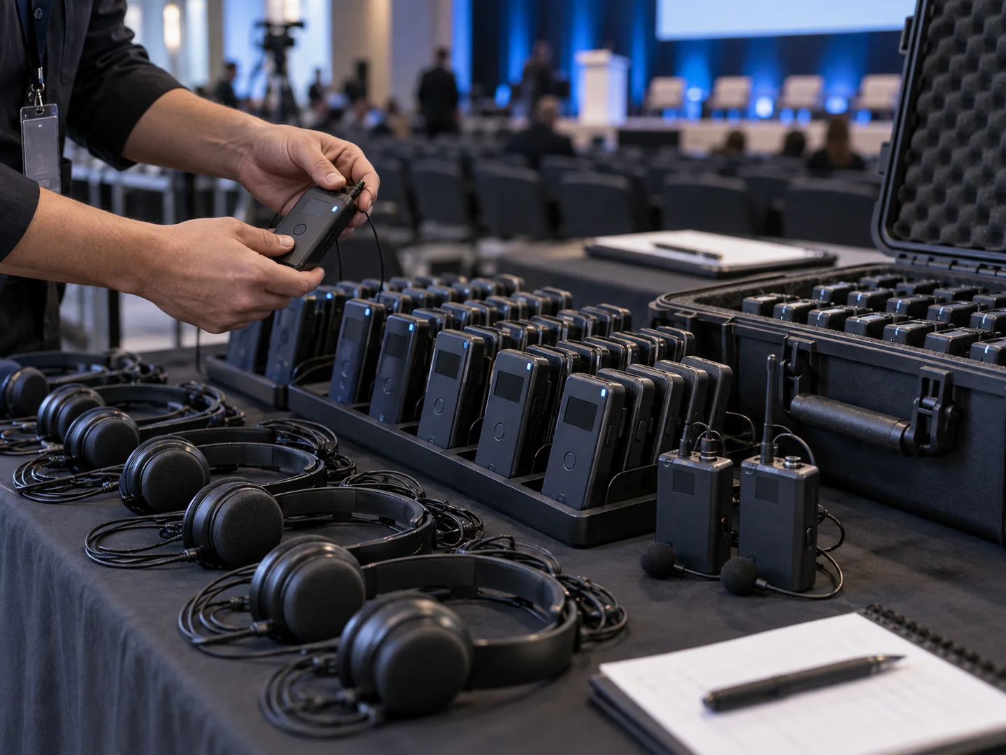 Portable interpretation receivers and headsets being prepared for a conference