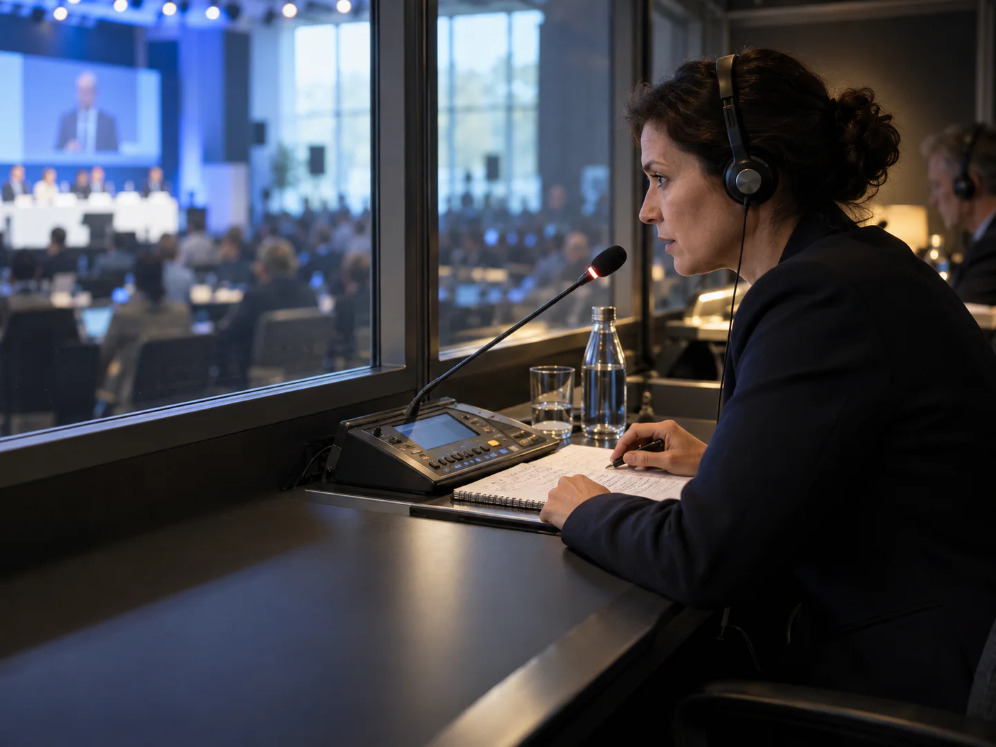 A professional interpreter working in a conference booth