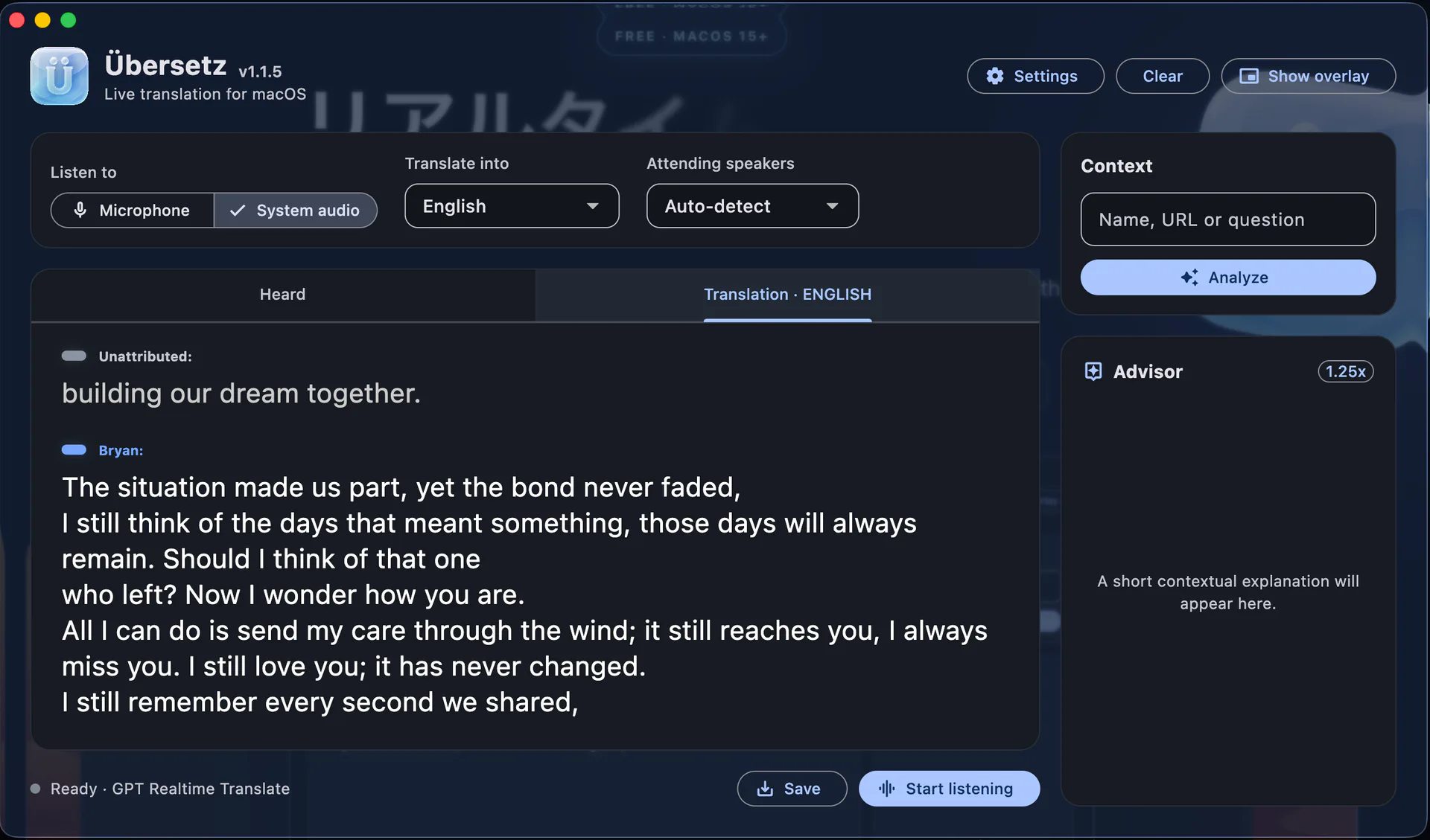 Übersetz translating a video conversation on macOS