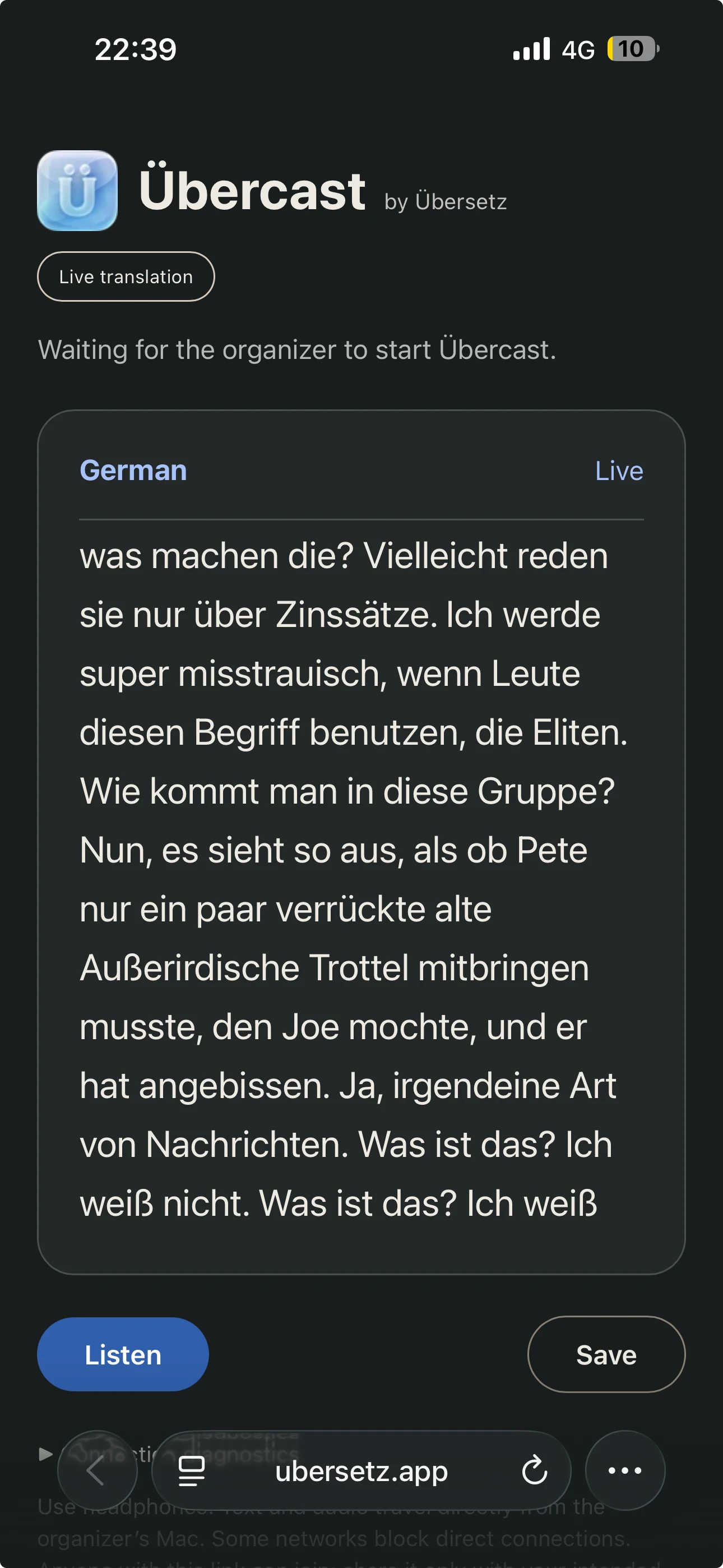 Übercast attendee page showing live translated text and a Listen button